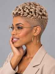 A woman with a short, tightly curled blonde wig, styled with a fade haircut, wearing gold hoop earrings, glasses, and a beige blazer against a solid gray background.