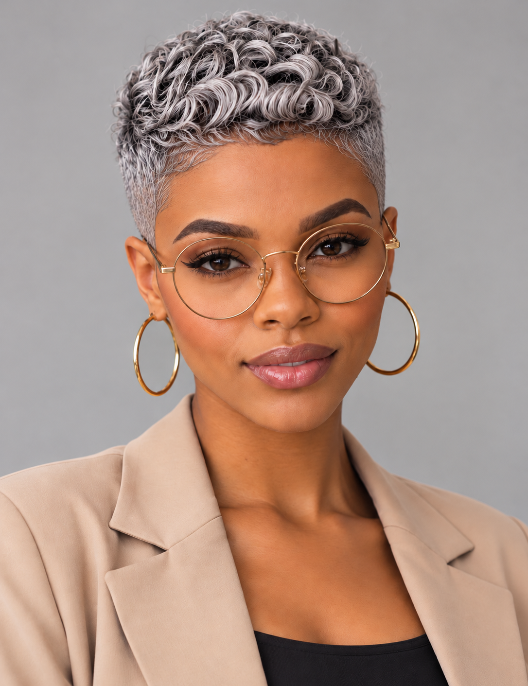 A close-up portrait of a woman with short curly gray hair, wearing round gold-framed eyeglasses, large gold hoop earrings, and a beige blazer over a black top, against a plain gray studio background.
