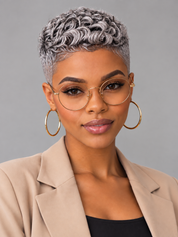 A close-up portrait of a woman with short curly gray hair, wearing round gold-framed eyeglasses, large gold hoop earrings, and a beige blazer over a black top, against a plain gray studio background.