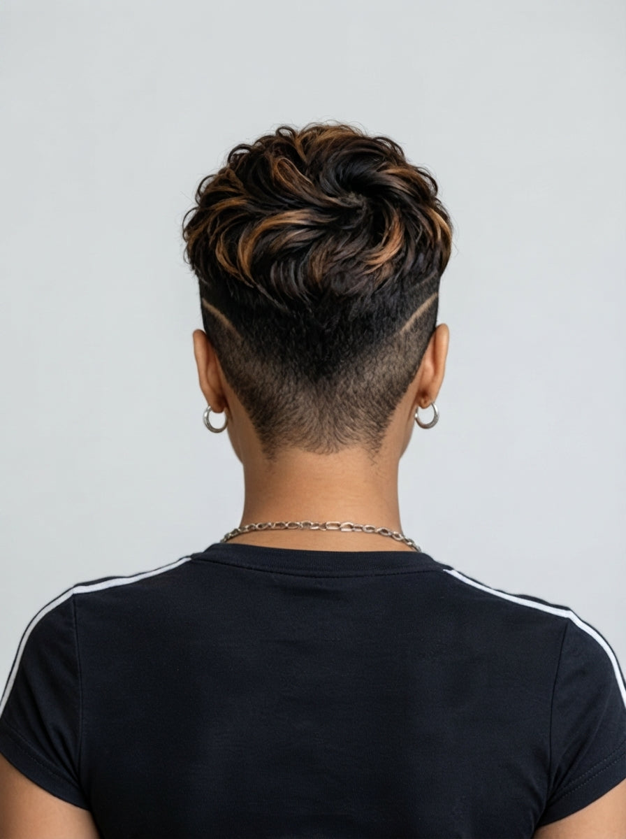 Back view of a person with a styled high-top fade haircut, wearing a black t-shirt with white shoulder stripes and small hoop earrings, against a light gray background.