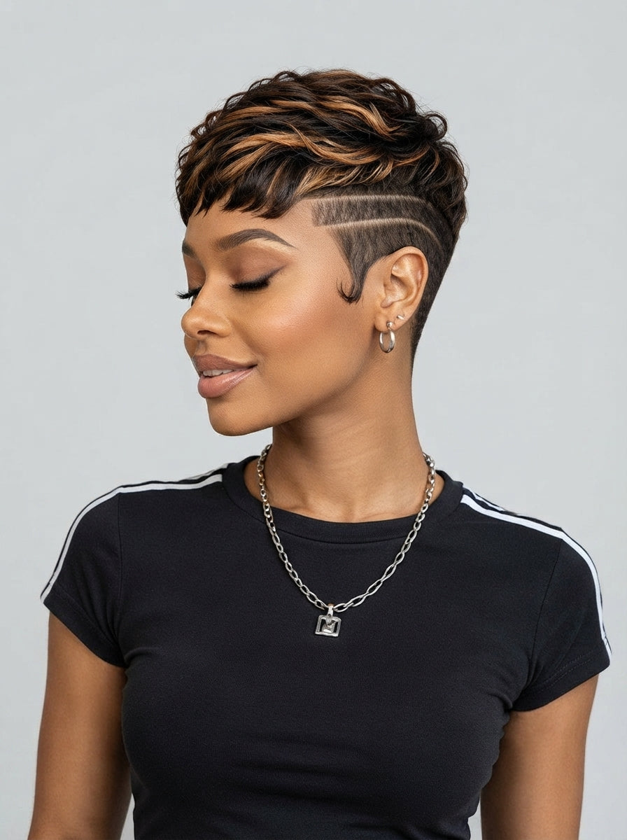 A woman with a short, textured pixie cut featuring dark brown and warm blonde highlights, styled with a sharp side undercut. She is wearing a black t-shirt with white shoulder stripes and a silver chain necklace, set against a solid light gray background.