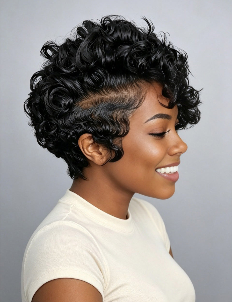 Side view of glueless short human hair wig