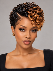 Loyalrose Pixie Loose Curly wig Black mix brown high light color glueless Side part Frontal 13x4 lace 100% Human Hair style 5