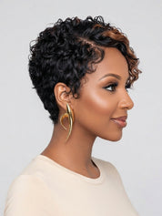 Angled side view highlighting the layered structure of the short ombre curly wig. This perspective emphasizes the transition from dark roots to lighter tips and how the curls sit naturally around the jawline for a flattering silhouette.