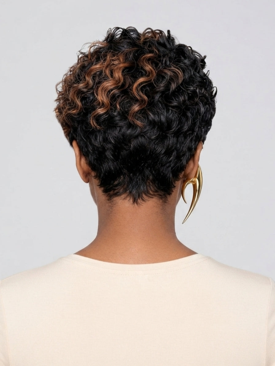 Back view displaying the rounded shape and density of the short curly pixie cut. The image reveals the even distribution of the black and brown curls, demonstrating a full-bodied look that maintains its shape from behind.