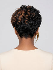 Back view displaying the rounded shape and density of the short curly pixie cut. The image reveals the even distribution of the black and brown curls, demonstrating a full-bodied look that maintains its shape from behind.
