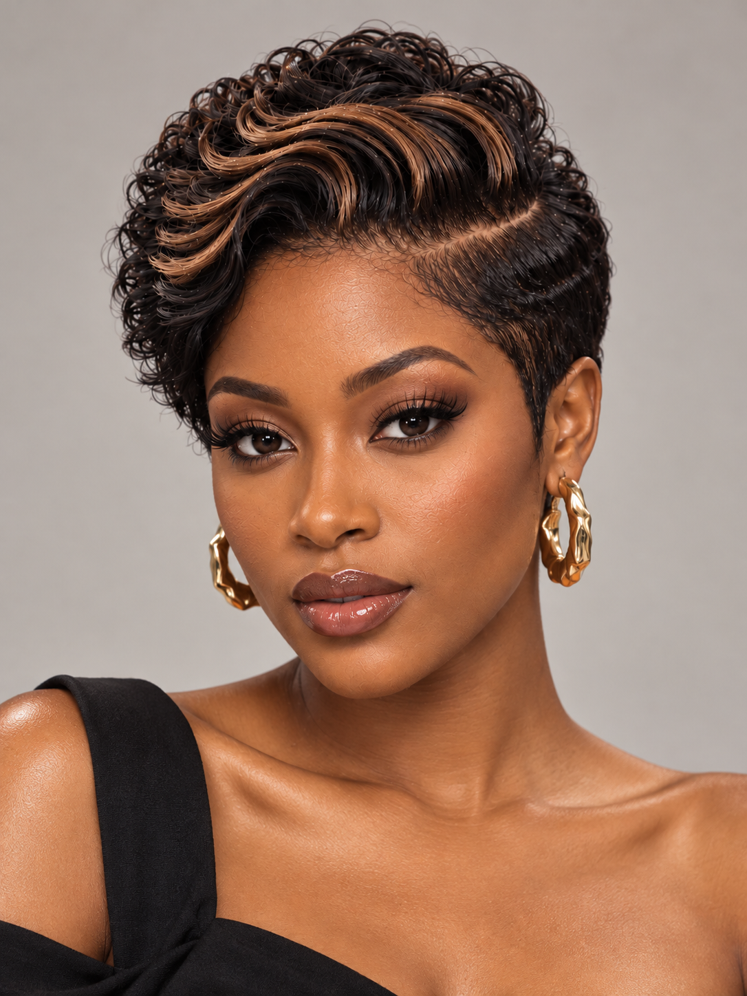 Loyalrose Pixie Loose Curly wig Black mix brown color glueless Side part Frontal 13x4 lace 100% Human Hair style 5