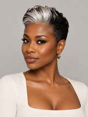 Side profile of a model showing the undercut design and silver-white highlights of a human hair pixie wig. Perfect for an edgy short hairstyle.