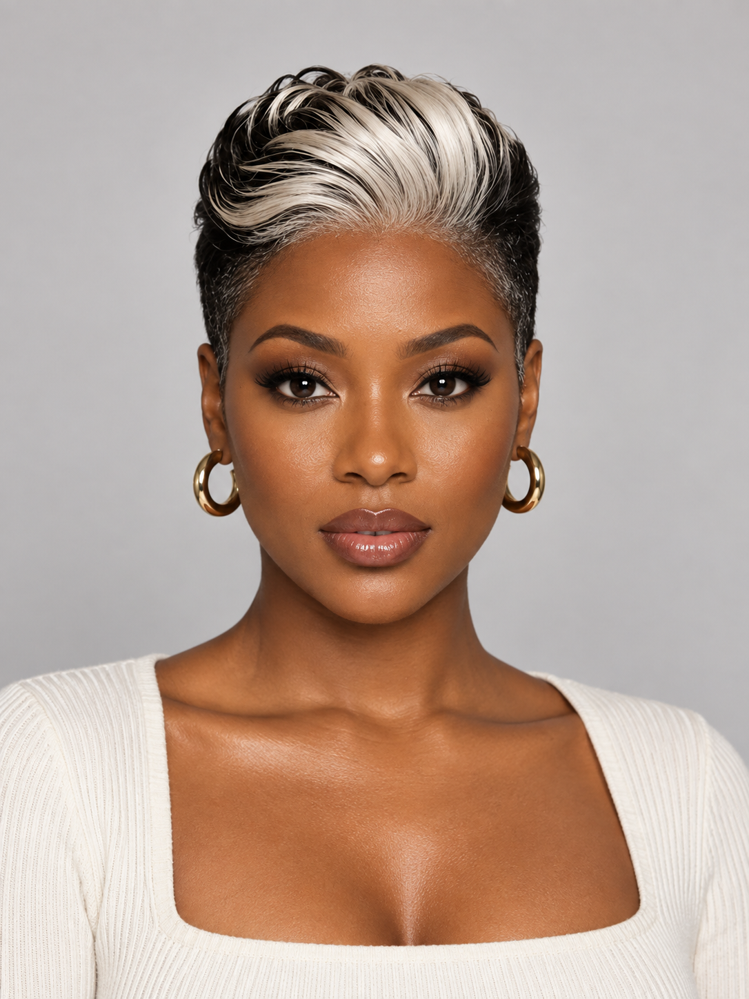 Front view of a woman wearing a short slicked-back pixie wig with a bold skunk stripe black and white color pattern. Features a natural lace hairline.
