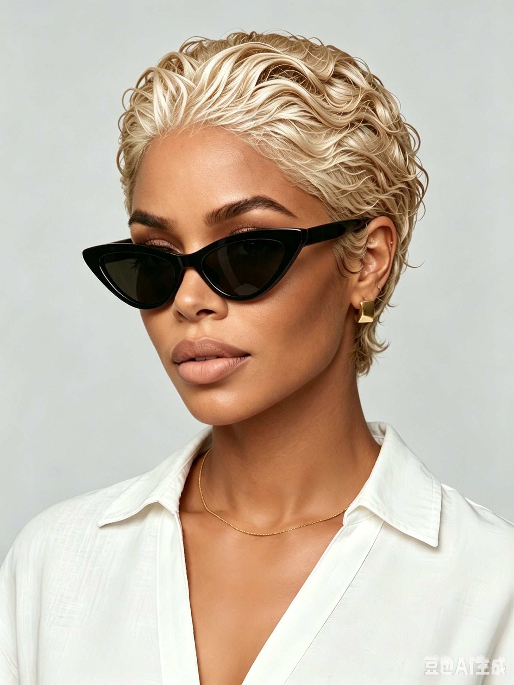 A woman with short blonde hair wearing black cat-eye sunglasses and a white collared shirt, photographed against a light gray studio background.