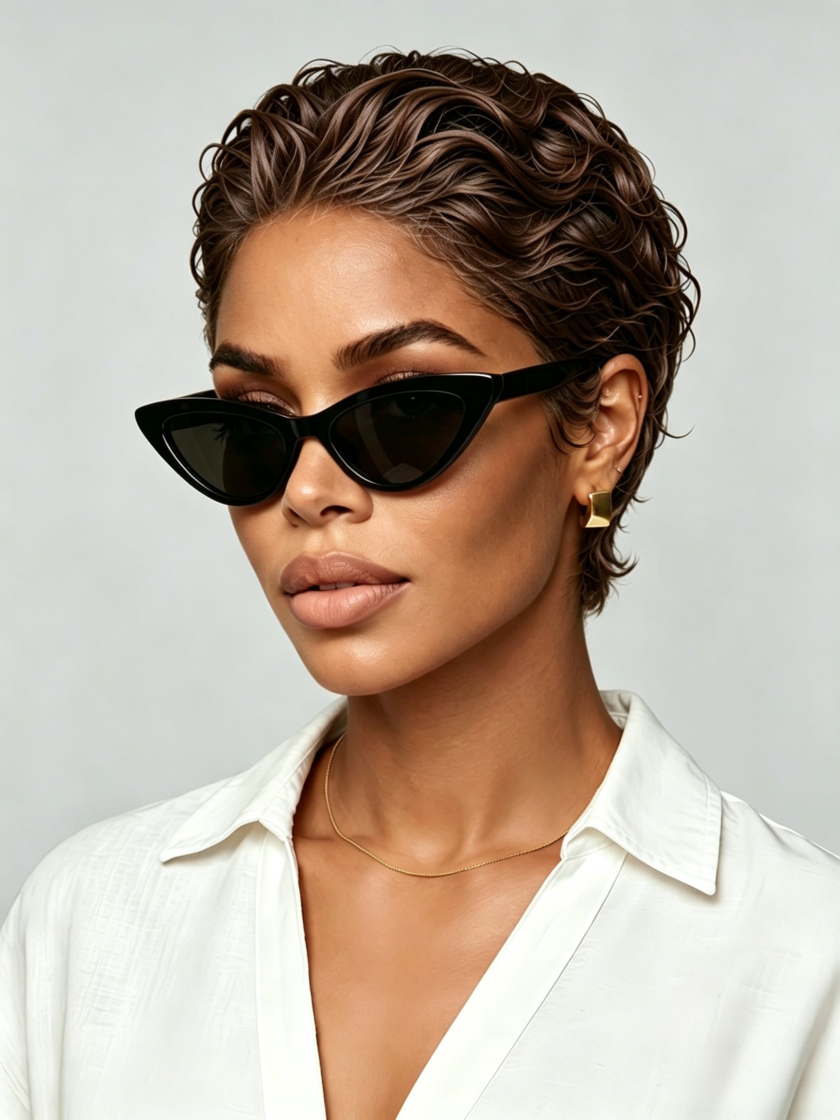 A woman with short wavy brown hair wearing black cat-eye sunglasses and a white collared blouse, photographed against a light gray studio background.
