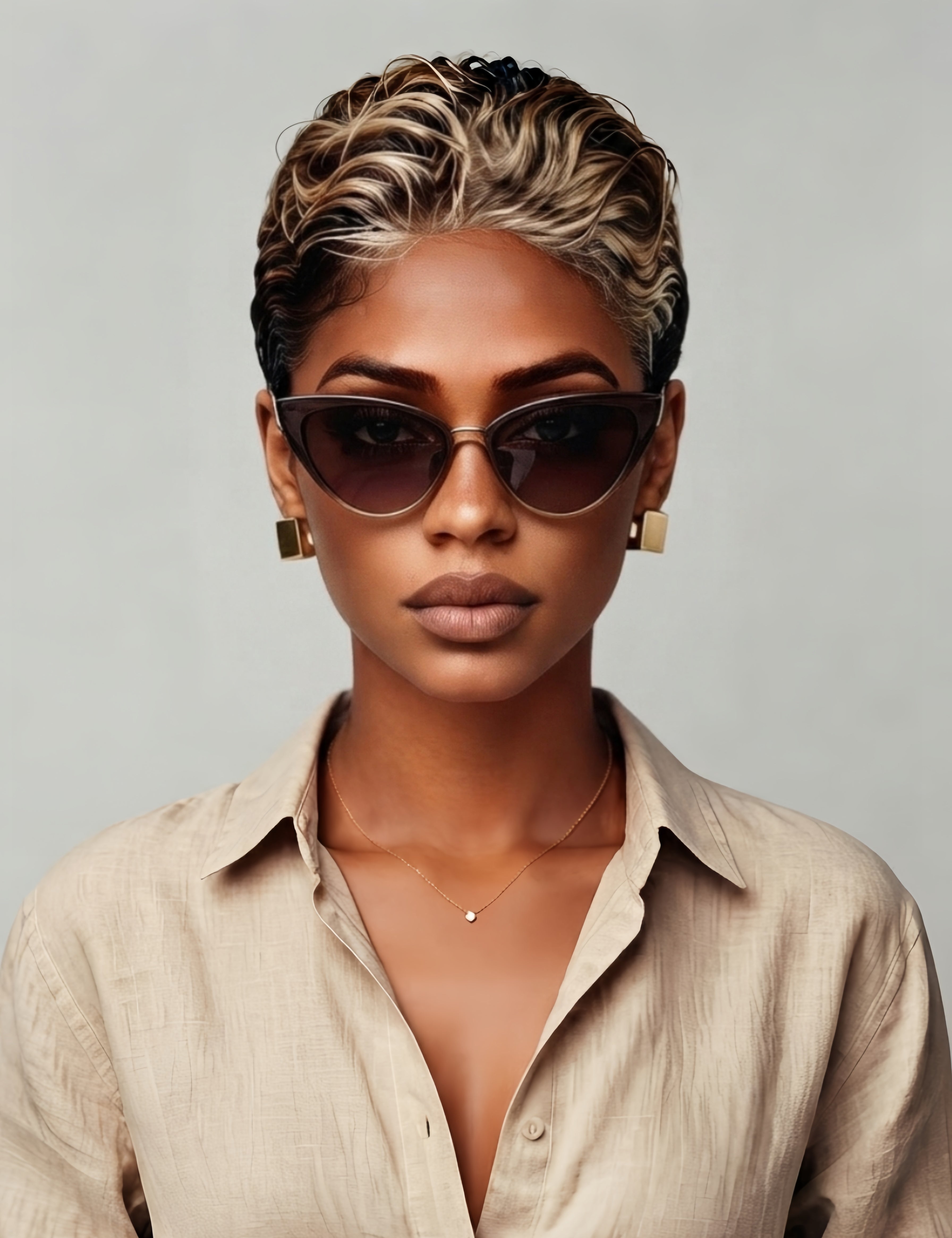 Frontal portrait of a model wearing a black-and-blonde pixie wig with wet-look texture, paired with cat-eye sunglasses and gold square earrings. The contrast between dark roots and blonde highlights adds dimension, while the neutral beige shirt keeps the focus on the bold hairstyle and accessories.