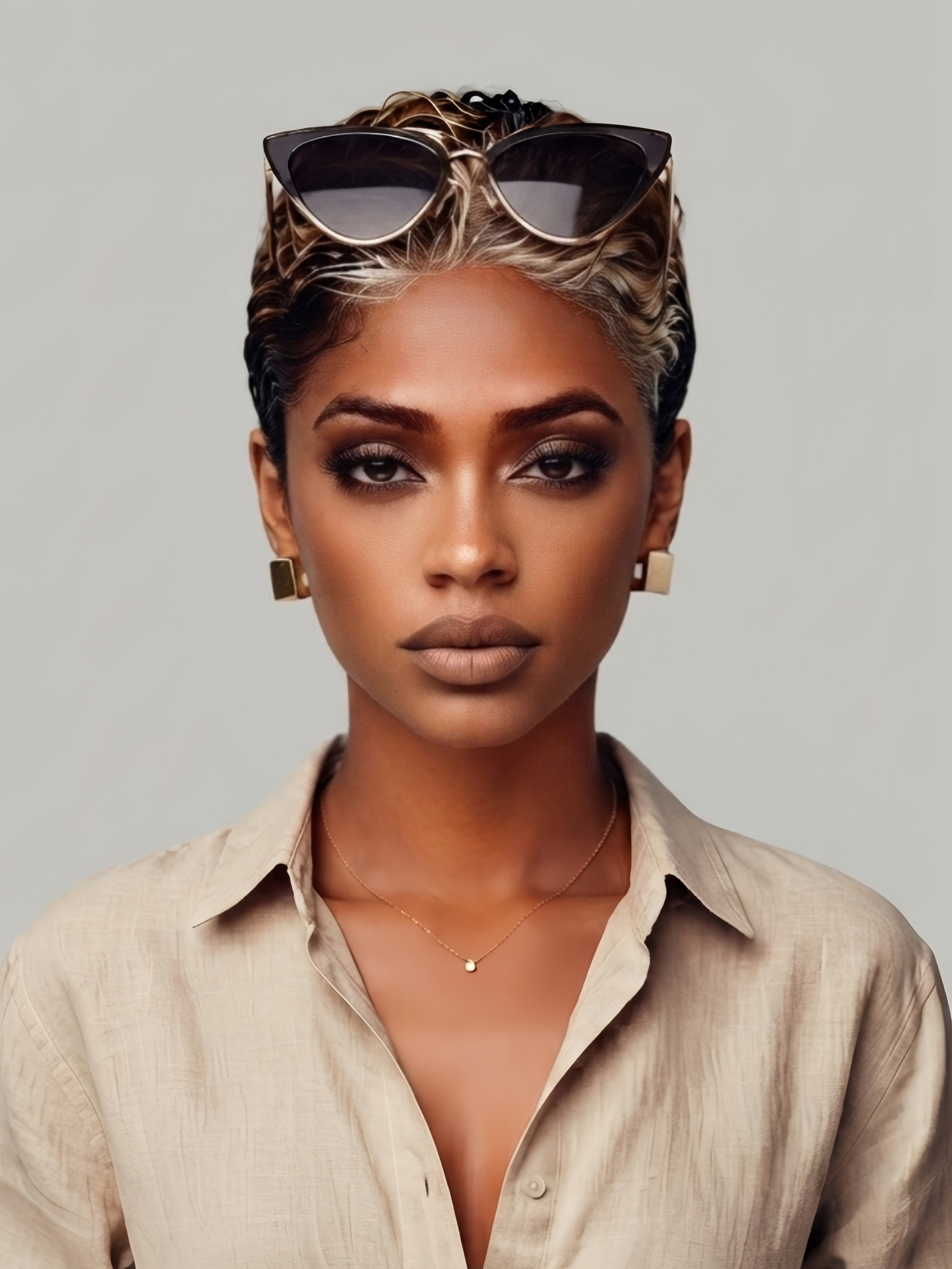 Model with sunglasses perched atop her head, revealing the full top view of the black-and-blonde pixie wig. The layered, textured crown and natural-looking color gradient from dark to light are clearly visible, ideal for showcasing the wig’s styling versatility and realistic hairline.