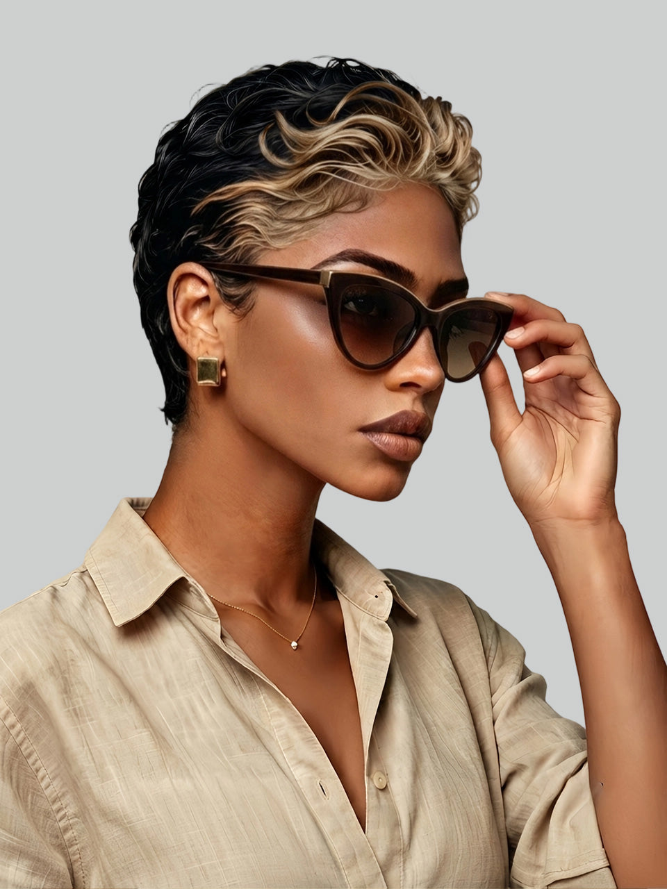 Side profile of a woman gently adjusting her cat-eye sunglasses, highlighting the side-swept layers and blonde streaks of the pixie wig. The hand gesture adds movement to the image, emphasizing the wig’s natural flow and how it frames the face from multiple angles.