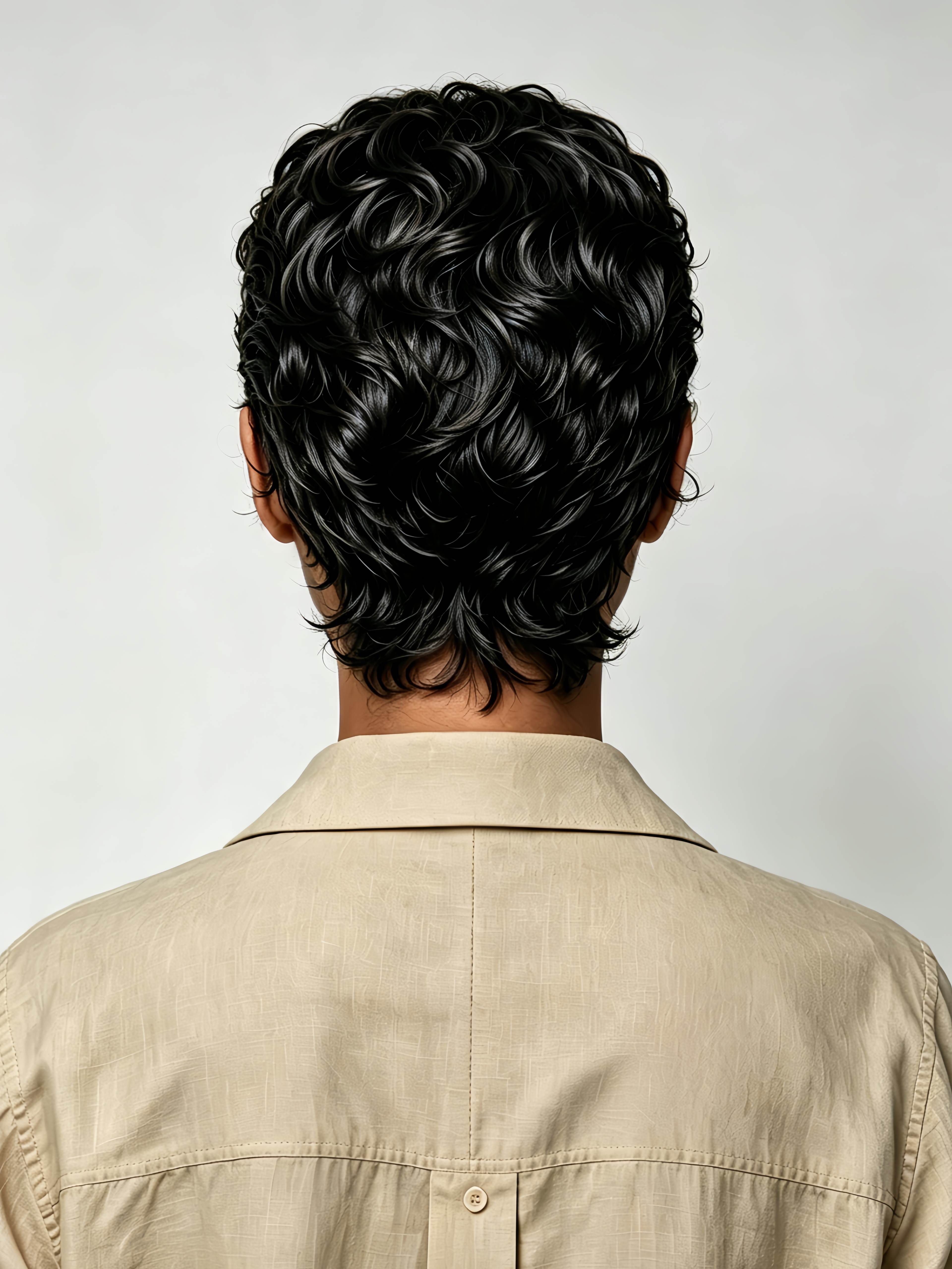 A close-up of the back of this short curly wig showcases its layered texture and natural black color. The wavy curls feature a tapered neckline, are soft and voluminous, and have a realistic shape, making them ideal for Black women.