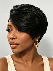 Slightly angled view revealing the voluminous crown and flowing side-swept bangs of the short wig. This perspective emphasizes the hair’s movement and how the style adds dimension and fullness to the overall silhouette.
