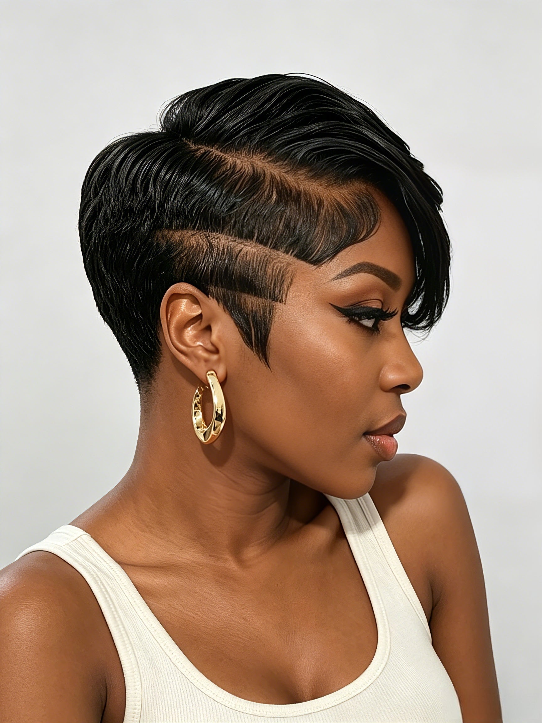 Side profile showcasing the sleek side-parted short wig with a natural-looking hairline and tapered nape. The glossy black texture and clean ear area highlight the realistic finish and modern styling of the lace front design.