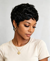 Side profile showcasing the tapered nape and layered volume of the short curly wig. This angle highlights the realistic density of the black curls and how the style sits neatly around the ear for a clean finish.