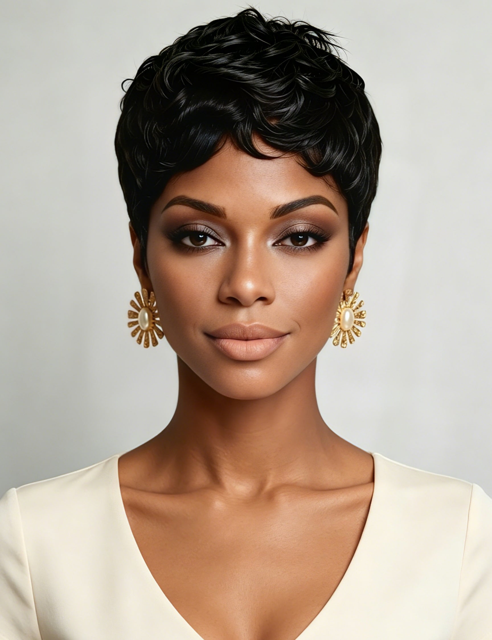 Front view of a woman wearing a short black curly pixie wig with defined finger coils. The tight spiral texture and natural hairline create a bold, retro-inspired look that frames the face perfectly.
