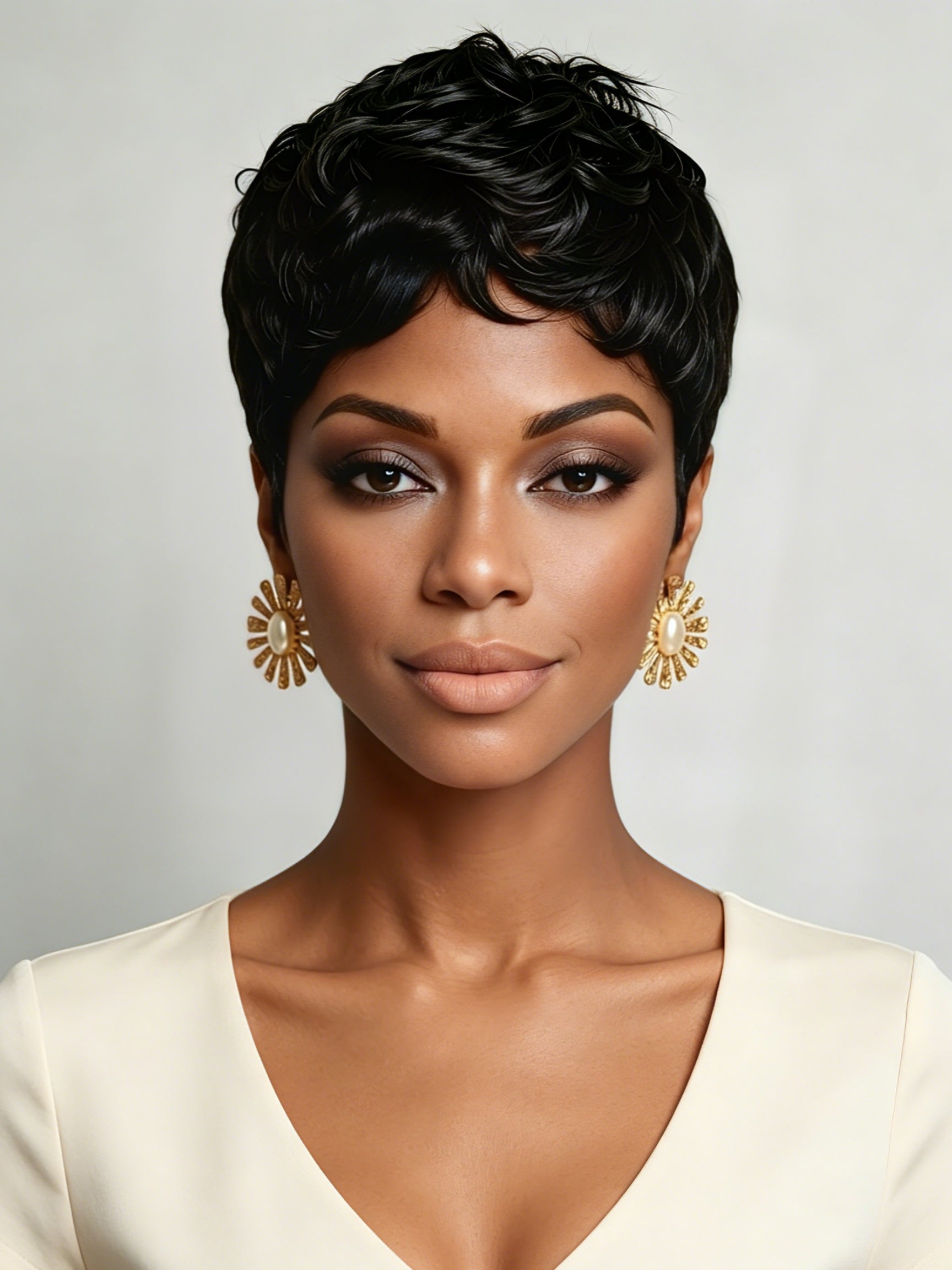 Front view of a woman wearing a short black curly pixie wig with defined finger coils. The tight spiral texture and natural hairline create a bold, retro-inspired look that frames the face perfectly.