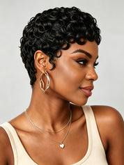 Side profile showcasing the tapered nape and layered volume of the short curly wig. This angle highlights the realistic density of the black curls and how the style sits neatly around the ear for a clean finish.