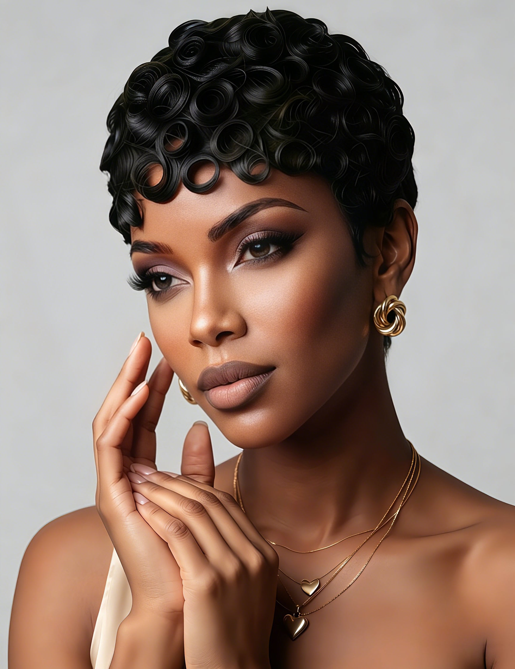 Close-up angled shot emphasizing the glossy texture and intricate curl pattern of the short wig. The detailed view demonstrates the high-quality definition of each curl, offering a chic and low-maintenance hairstyle option.