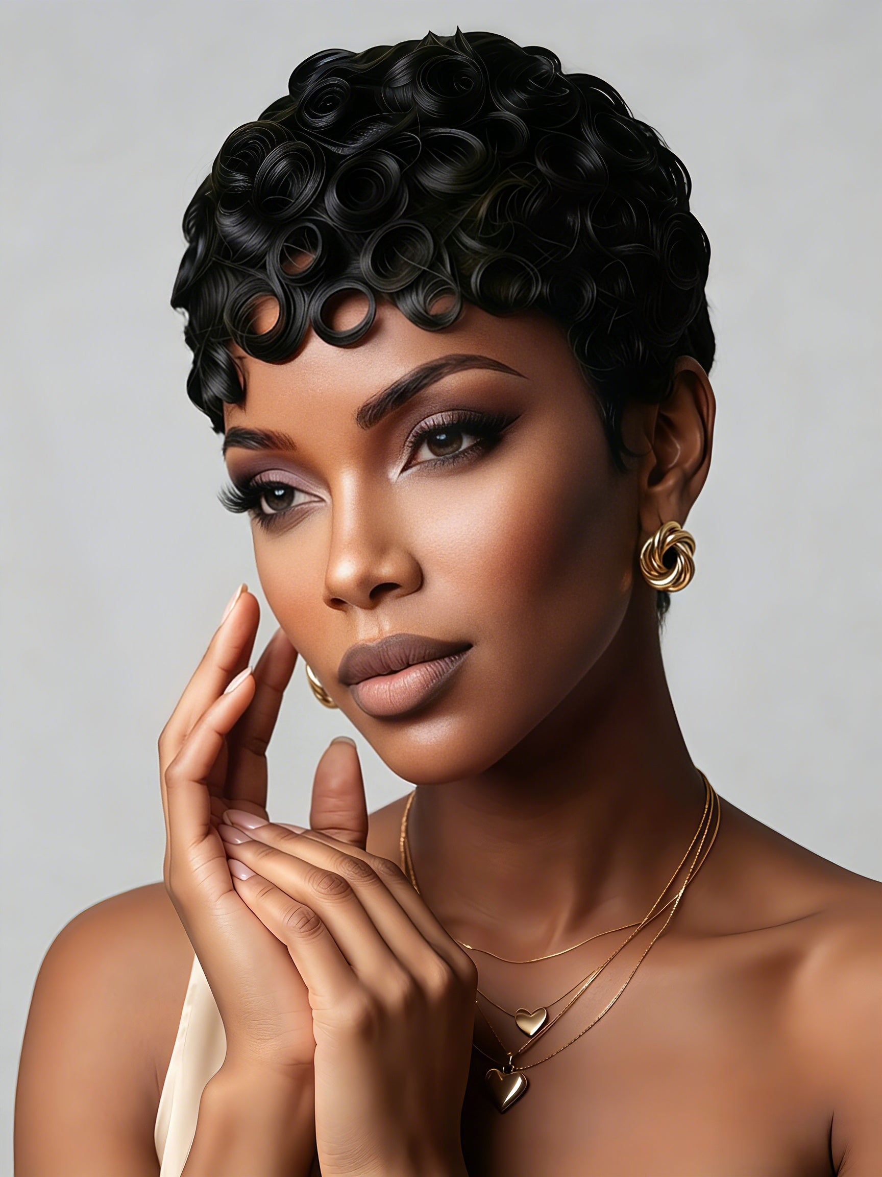 Close-up angled shot emphasizing the glossy texture and intricate curl pattern of the short wig. The detailed view demonstrates the high-quality definition of each curl, offering a chic and low-maintenance hairstyle option.