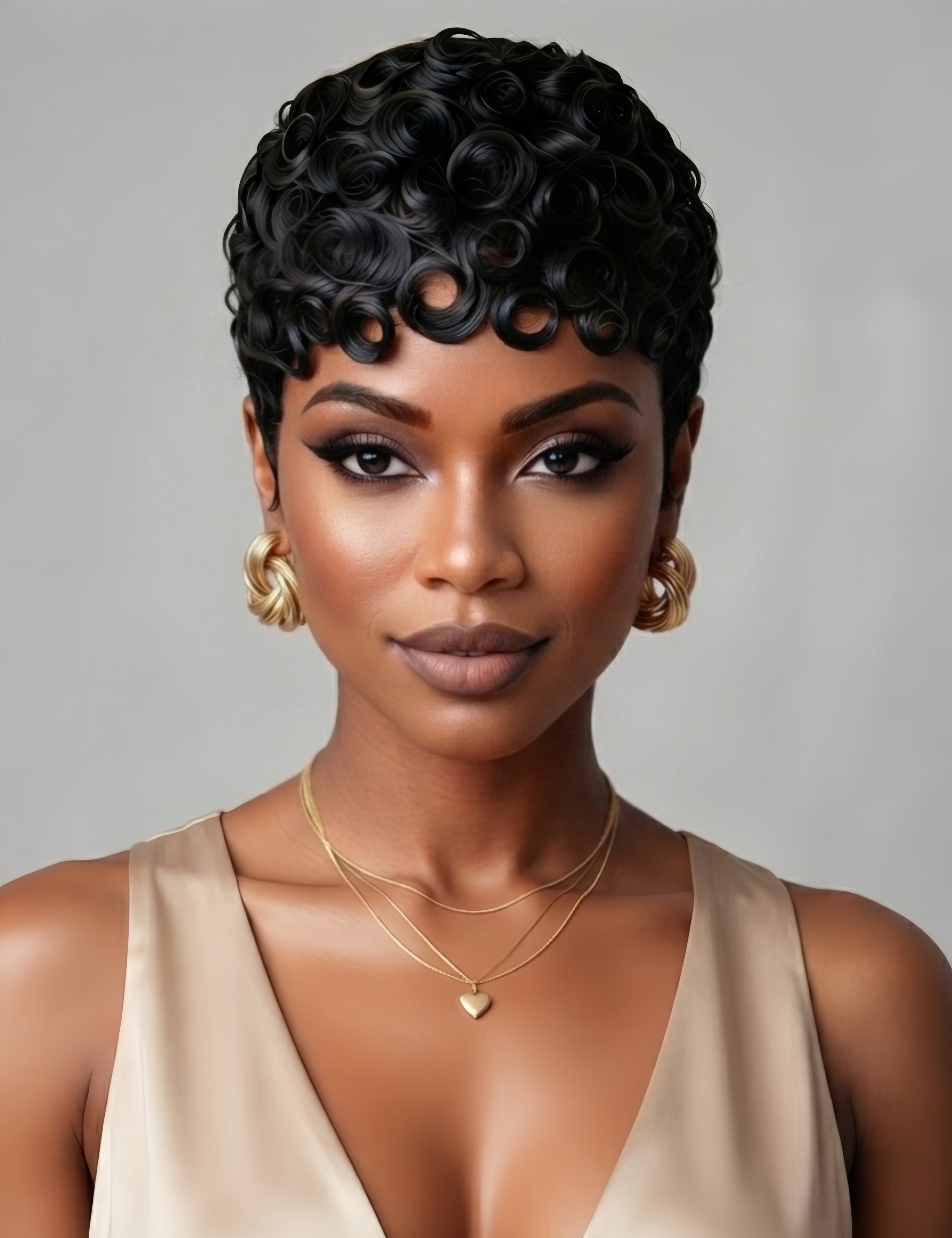 Front view of a woman wearing a short black curly pixie wig with defined finger coils. The tight spiral texture and natural hairline create a bold, retro-inspired look that frames the face perfectly.