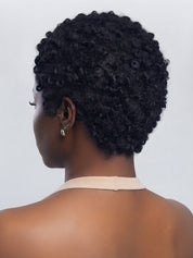 Back view of a short black kinky curly wig displaying the tapered nape and layered cut. Shows the fullness of the 100% human hair afro texture from behind without looking bulky.