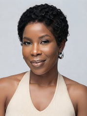Front view of a black Afro curly pixie wig showing the natural hairline and dense curl texture. The 12A human hair wig features a realistic side part and soft baby hairs, perfect for a natural short hairstyle.