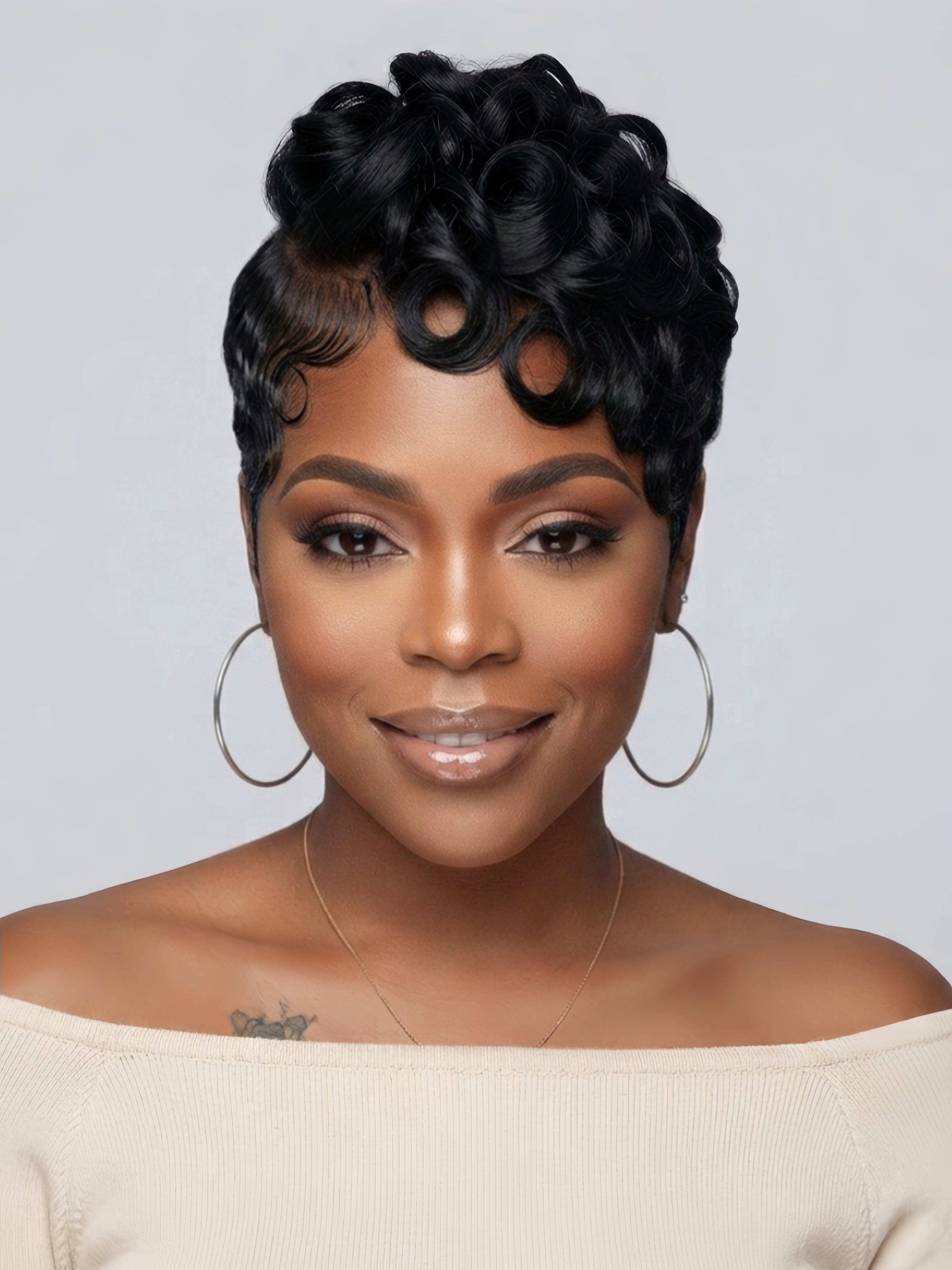 Frontal portrait of a model smiling in a stylish finger wave pixie cut wig. The full lace front creates an undetectable hairline, framing the face with elegant S-shaped waves and glossy black curls.