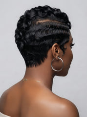 Back view highlighting the intricate finger wave texture of a short black wig. The 100% human hair lays flat against the head with a realistic side part visible through the full lace construction.