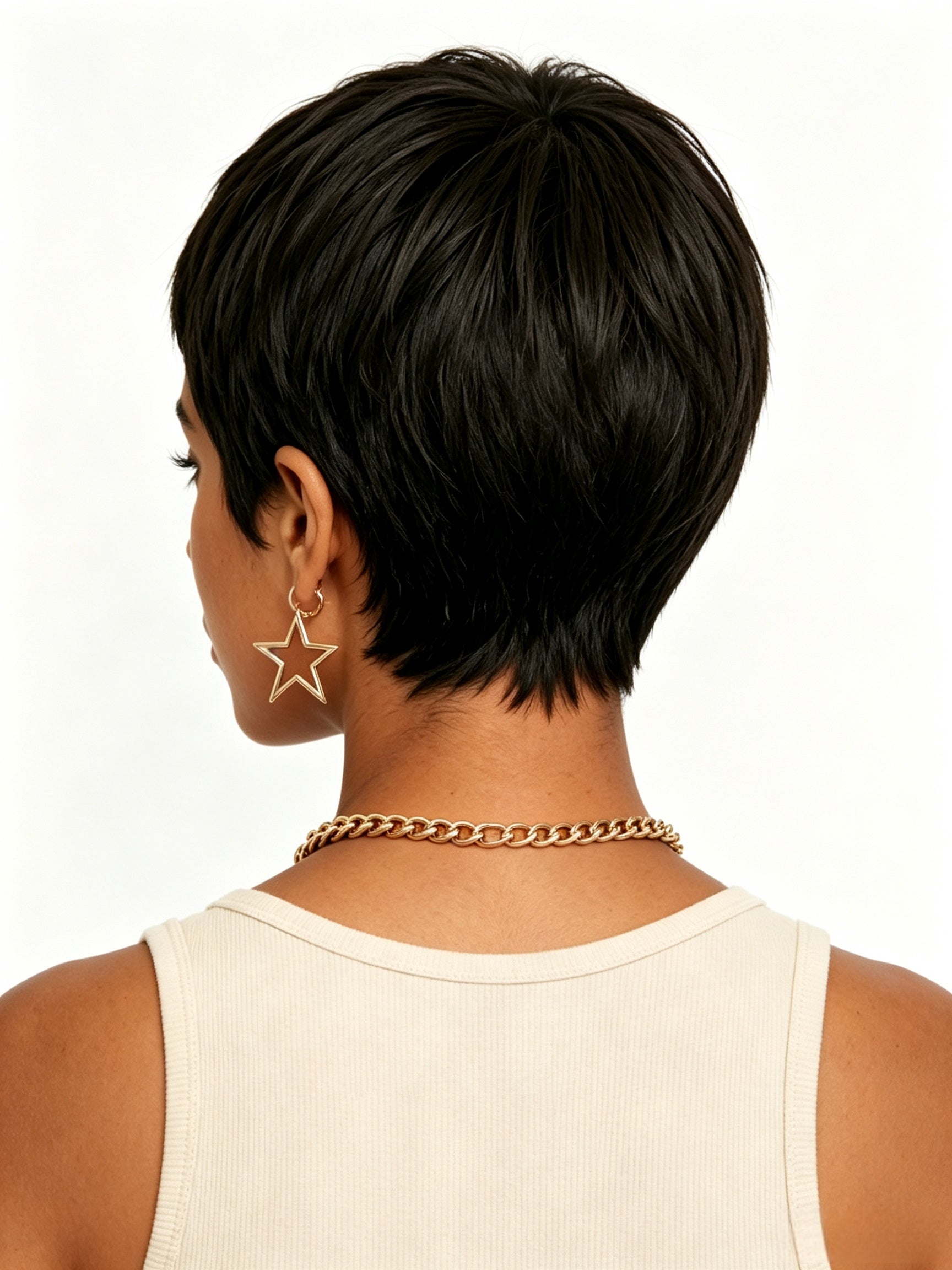 Back view showcasing the clean taper and natural fall of the black short wig. The smooth texture and precise cut at the nape highlight the wig’s realistic construction and easy maintenance for glueless wear.