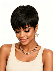 Front close-up of a woman in a black short straight wig with soft side-swept bangs. The natural-looking hairline and lightweight design make it perfect for enhancing facial features without heavy styling