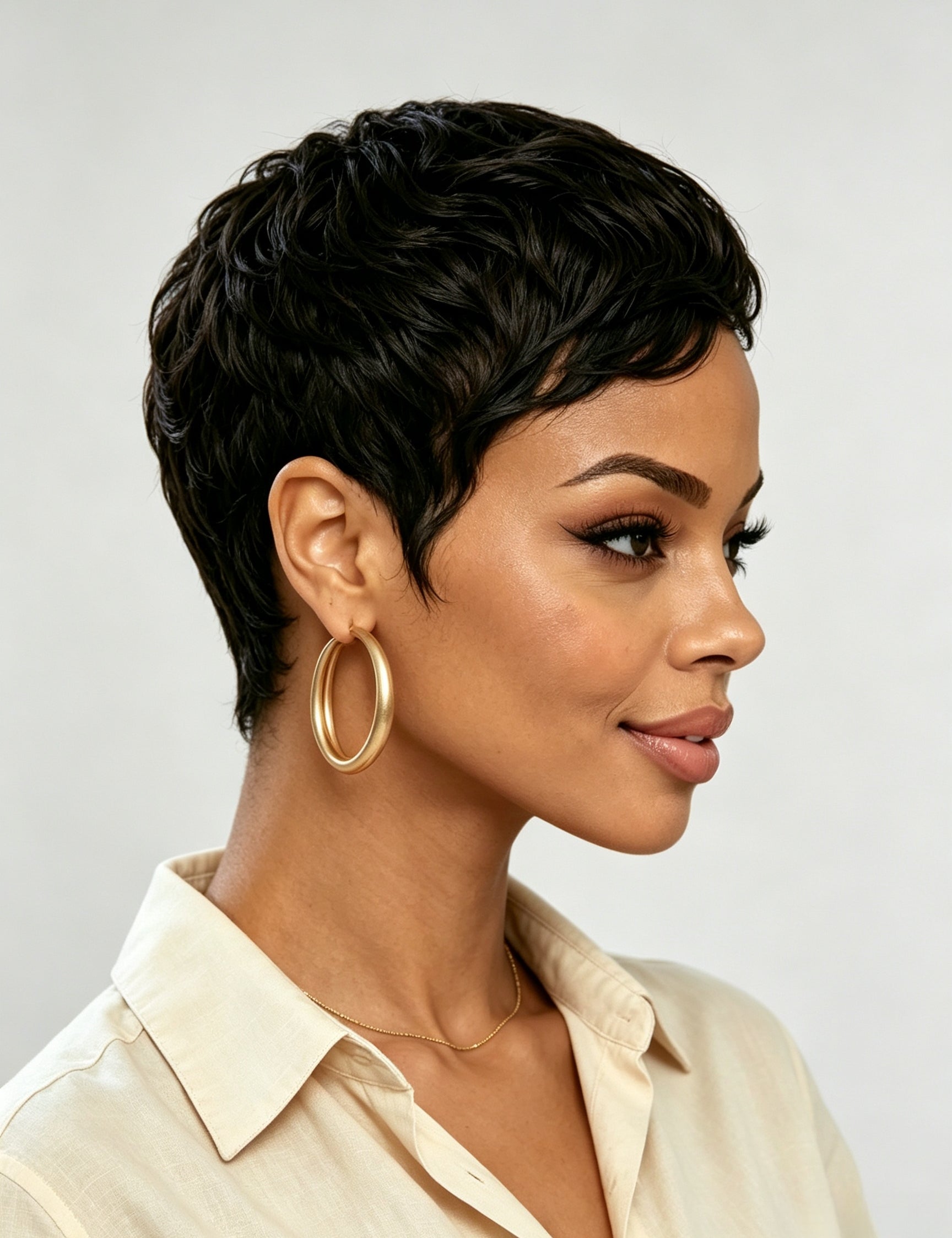 Side profile of a model in a short black wavy pixie wig, highlighting the side-swept bangs and layered texture around the ear. The soft curls frame the face elegantly, demonstrating a chic and low-maintenance style.