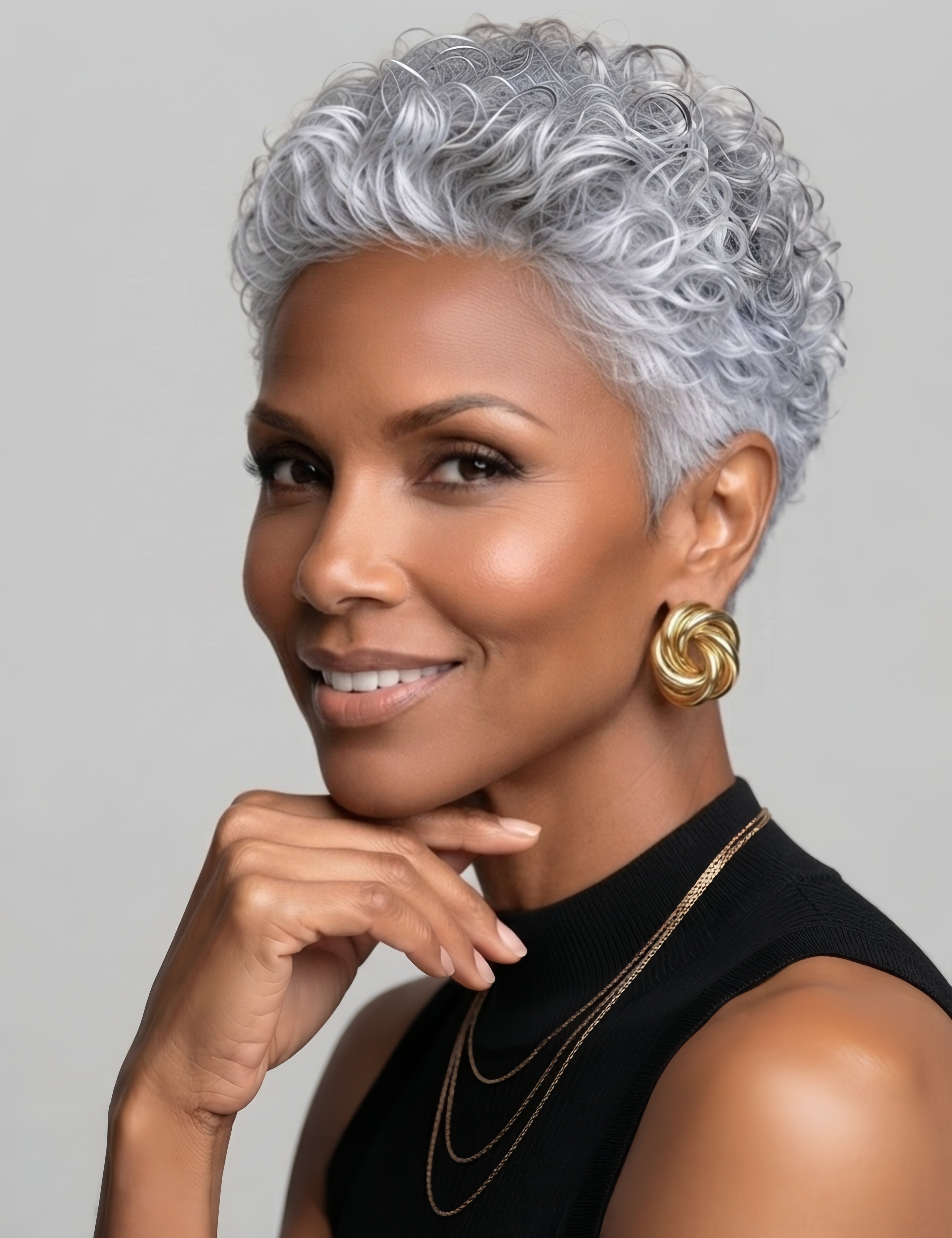 Side profile of a model in a silver grey curly pixie wig, showcasing the layered texture around the ear and the tapered nape. The soft curls frame the face elegantly, demonstrating a chic and age-defying style.