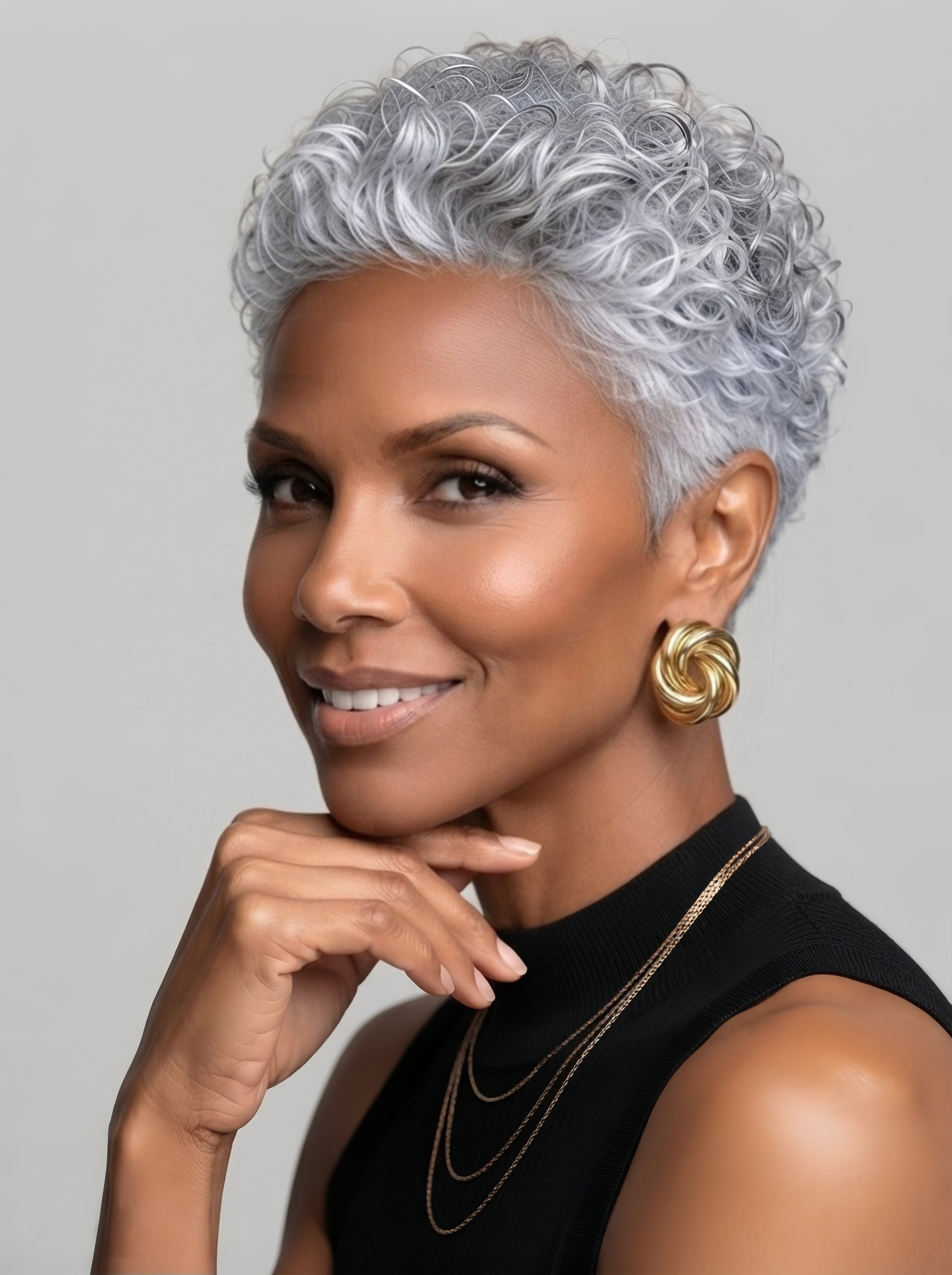 Side profile of a model in a silver grey curly pixie wig, showcasing the layered texture around the ear and the tapered nape. The soft curls frame the face elegantly, demonstrating a chic and age-defying style.