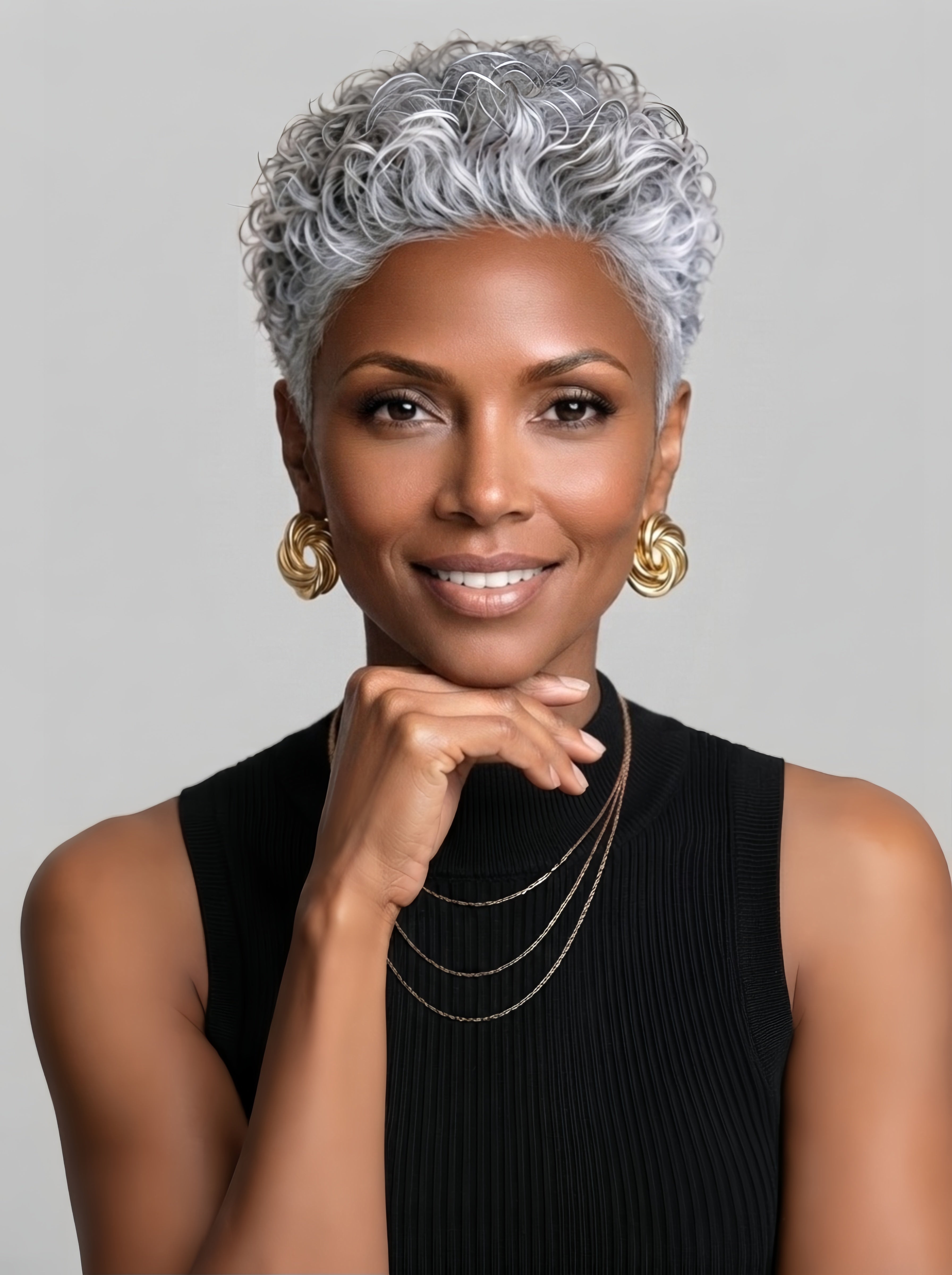 Frontal angled view of a woman wearing a silver grey short curly pixie wig with tight spiral curls. The model rests her chin on her hand, highlighting the wig’s voluminous crown and natural hairline, perfect for a bold and confident look.