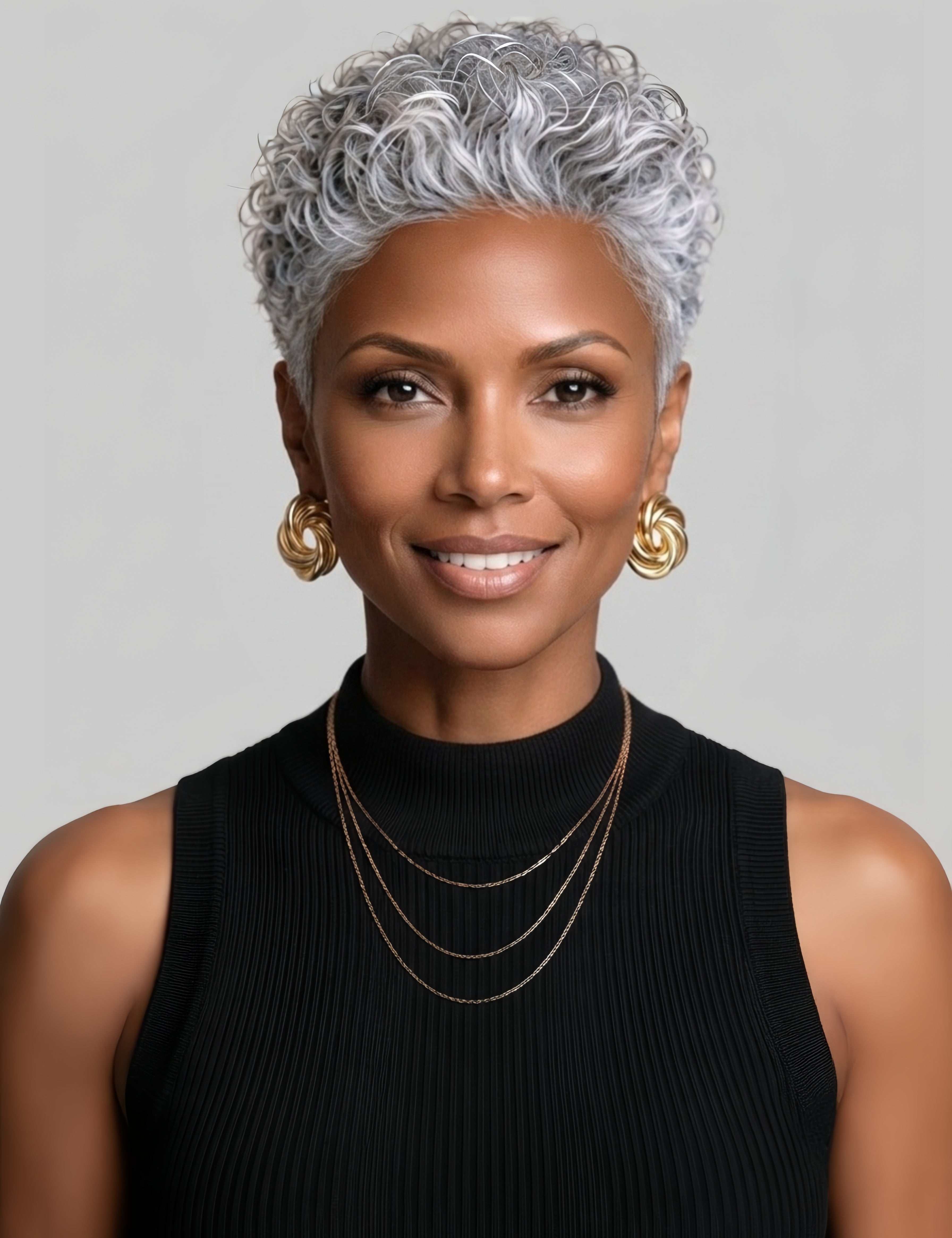 Frontal portrait of a woman wearing a silver grey short curly pixie wig with defined curl pattern. The symmetrical layers and natural parting create a balanced look, ideal for those seeking a stylish and low-maintenance short hairstyle.