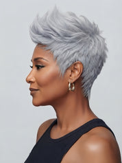 Side profile showcasing the sleek silhouette of a salt and pepper pixie wig. Highlights the short sideburns and the smooth transition from the ear to the neck on this machine-made human hair wig.
