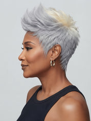 Side angle view of a short gray pixie wig with subtle blonde highlights at the crown. The textured layers add depth to the salt and pepper color, demonstrating the versatility of the 12A human hair.