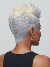 Rear view of a short curly pixie wig featuring a lighter blonde tone at the crown blending into silver gray. Shows the rounded shape and volume at the back of the head for a youthful look.