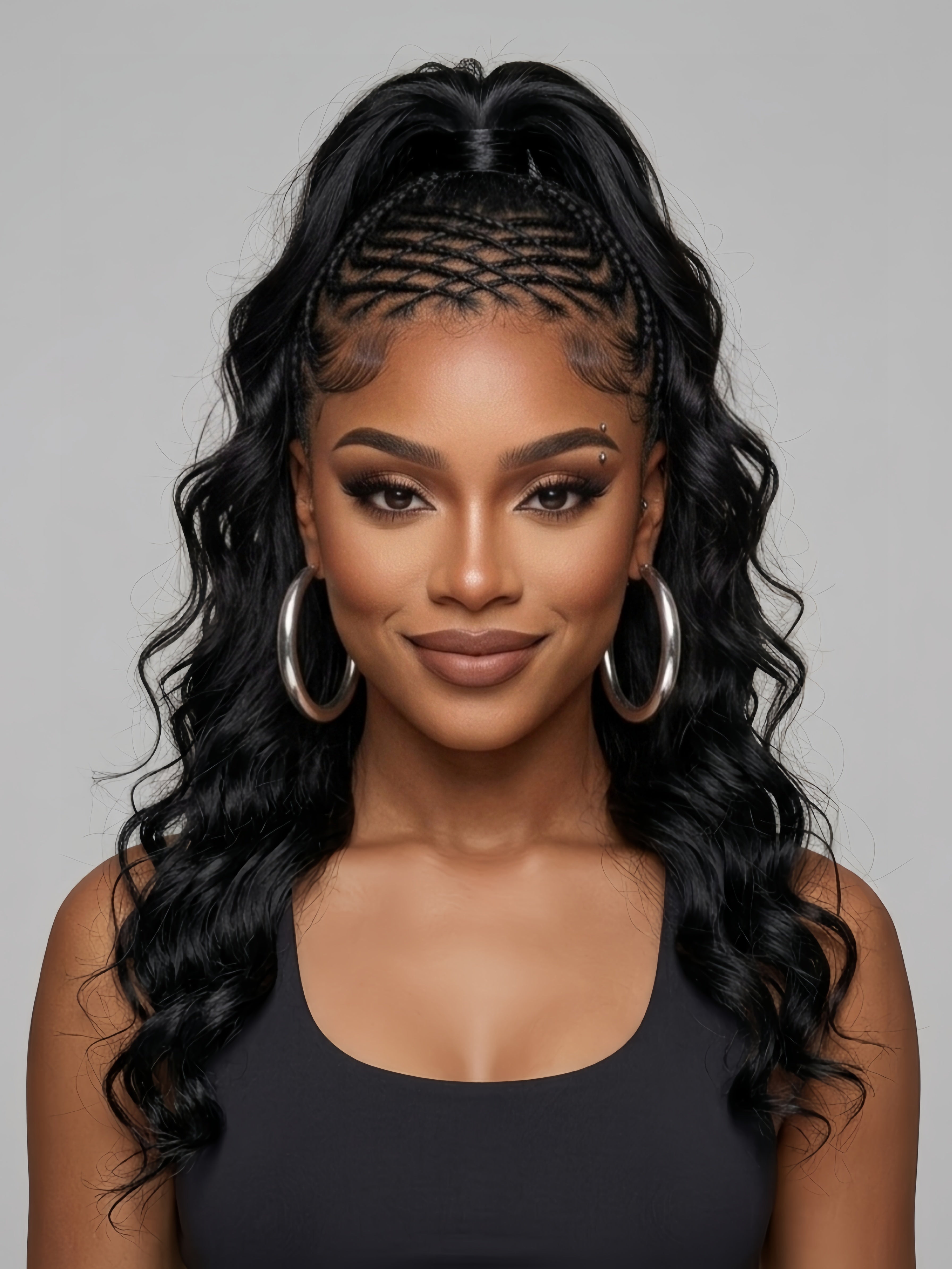 Frontal portrait of the braided wig showcasing the neat cornrow pattern converging at the nape into a thick, curly ponytail. The texture transitions from sleek braids to bouncy deep curls, highlighting the length and density of the synthetic or human hair extensions.