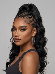 Right side profile of a woman in a half-up braided style wig, revealing the detailed knotless braiding technique along the temple. The long, dark curly hair flows over her shoulder, emphasizing the seamless blend between the braided crown and the loose curls.