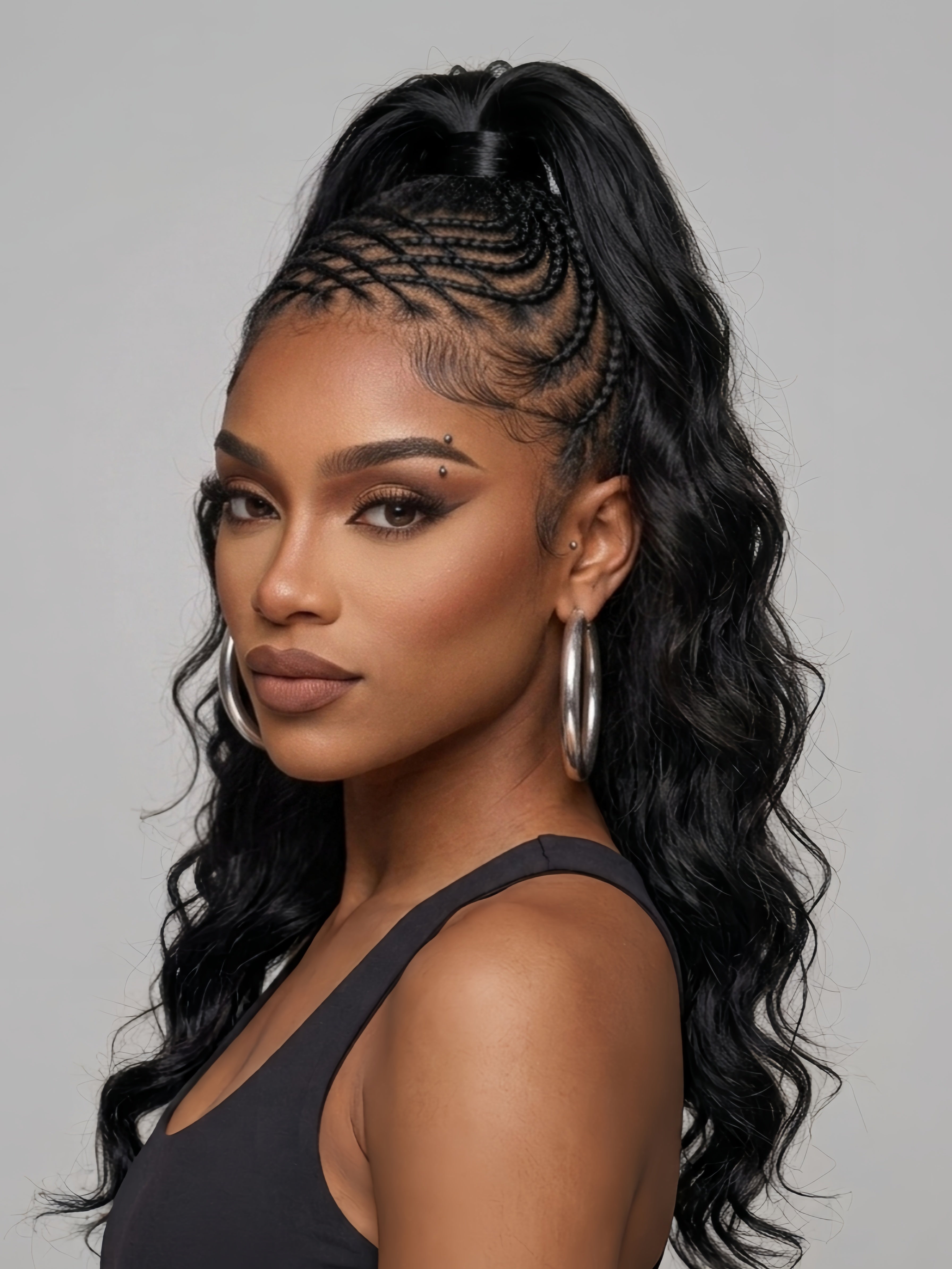 Right side profile of a woman in a half-up braided style wig, revealing the detailed knotless braiding technique along the temple. The long, dark curly hair flows over her shoulder, emphasizing the seamless blend between the braided crown and the loose curls.