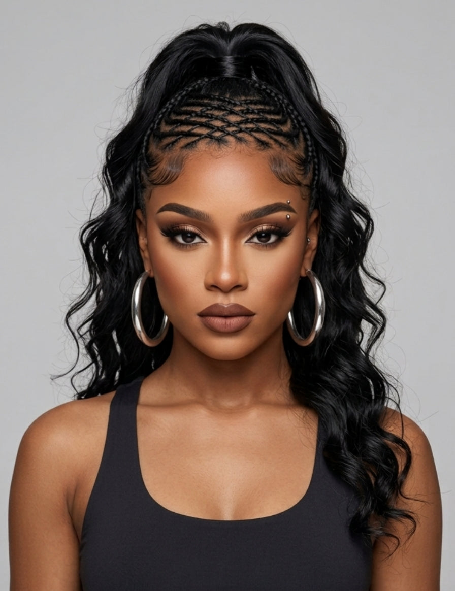 Frontal portrait of a model wearing a black curly wig with intricate braided cornrows on top and long, voluminous deep waves cascading down. The center parting and baby hairs create a realistic hairline, complemented by gold hoop earrings and a denim top.