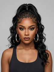 Frontal portrait of a model wearing a black curly wig with intricate braided cornrows on top and long, voluminous deep waves cascading down. The center parting and baby hairs create a realistic hairline, complemented by gold hoop earrings and a denim top.