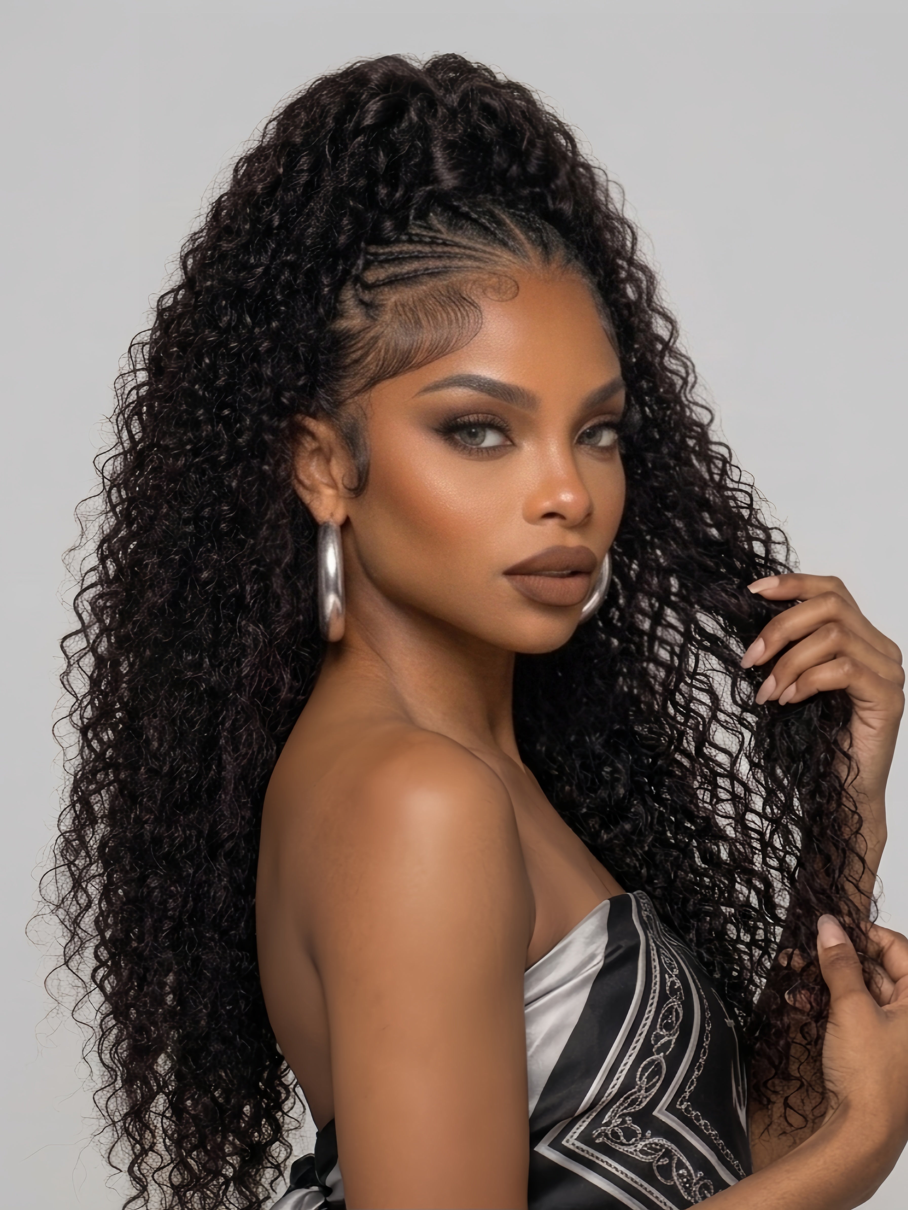 Side view of a model wearing a voluminous curly lace front wig with braided crown detail, showcasing natural-looking hairline and bouncy curls cascading down the back. Ideal for African American women seeking protective styles with effortless glamour.