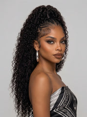 Three-quarter angle shot of a smiling model modeling a curly lace front wig with detailed braided top section and flowing dark curls. Highlights the wig’s natural movement and flattering fit for round or oval face shapes, paired with a stylish anchor-print top.