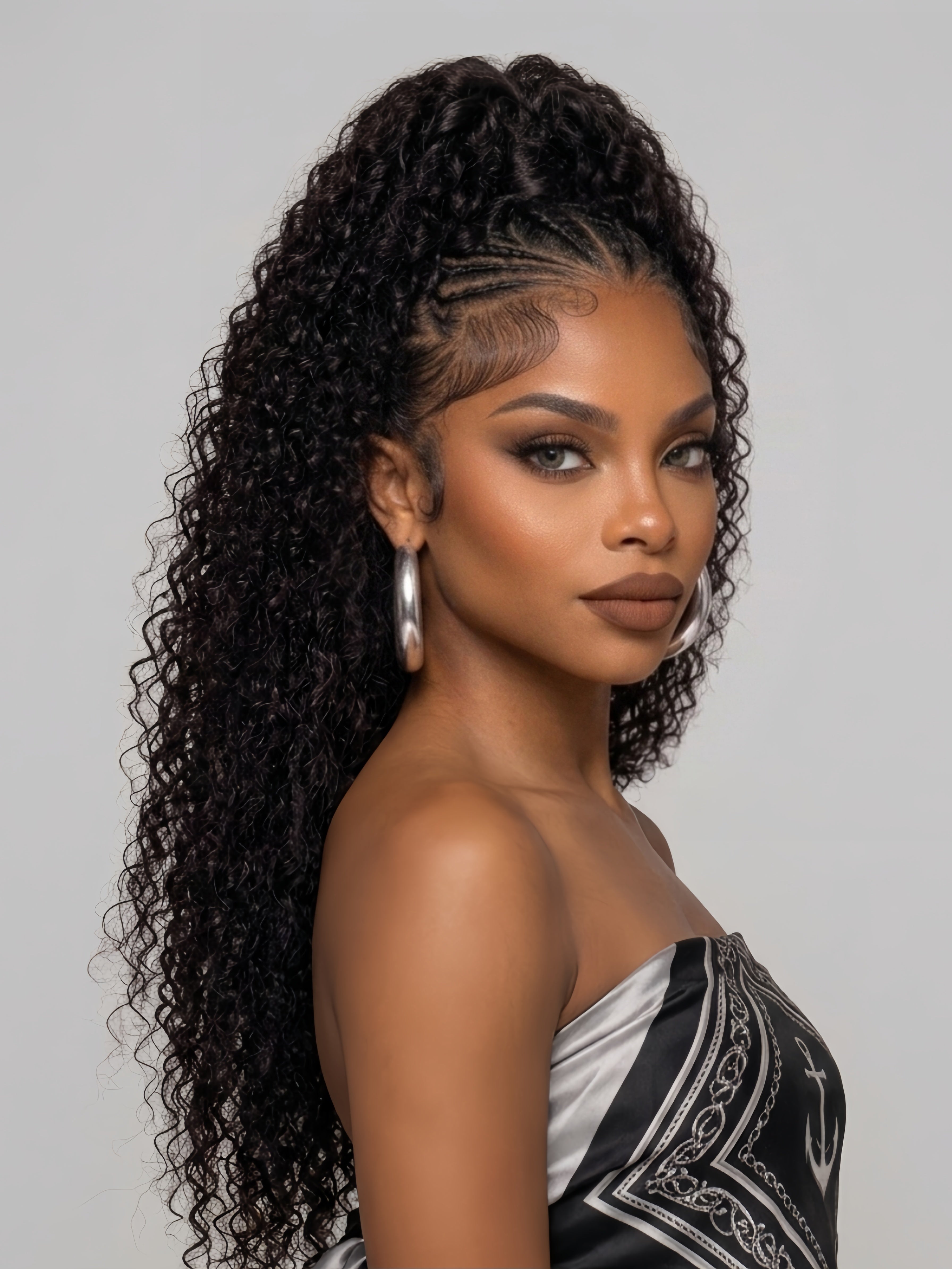 Three-quarter angle shot of a smiling model modeling a curly lace front wig with detailed braided top section and flowing dark curls. Highlights the wig’s natural movement and flattering fit for round or oval face shapes, paired with a stylish anchor-print top.